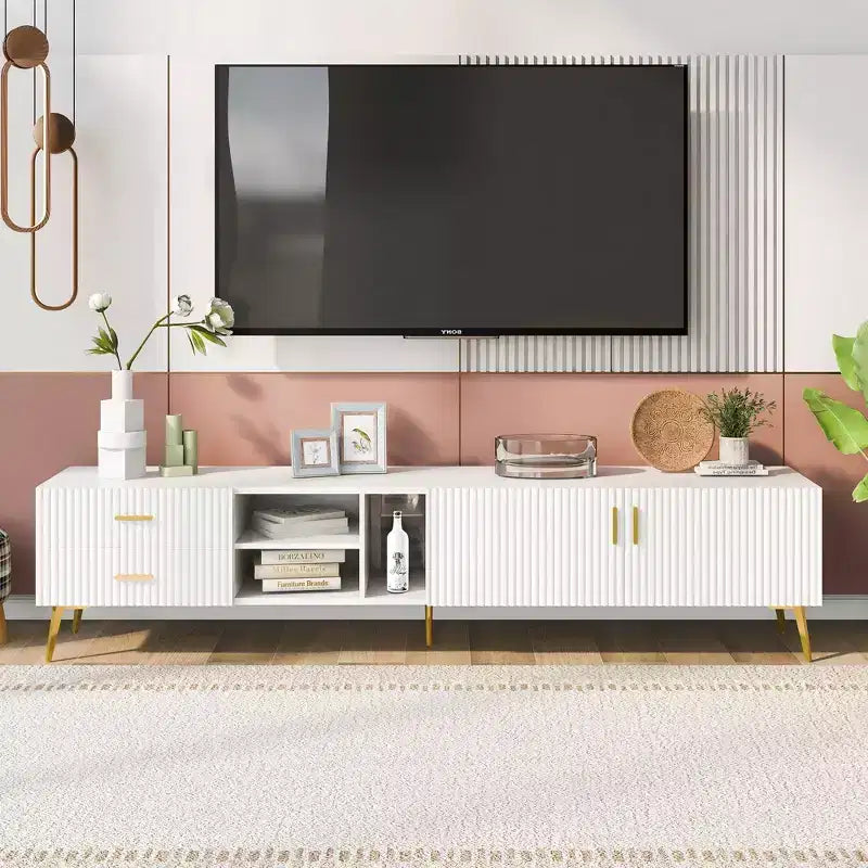Meuble TV TROPOW avec tiroir de rangement, centre de divertissement avec 2 portes d'armoire et 2 tiroirs, meuble TV bas pour téléviseurs jusqu'à 75 pouces, blanc