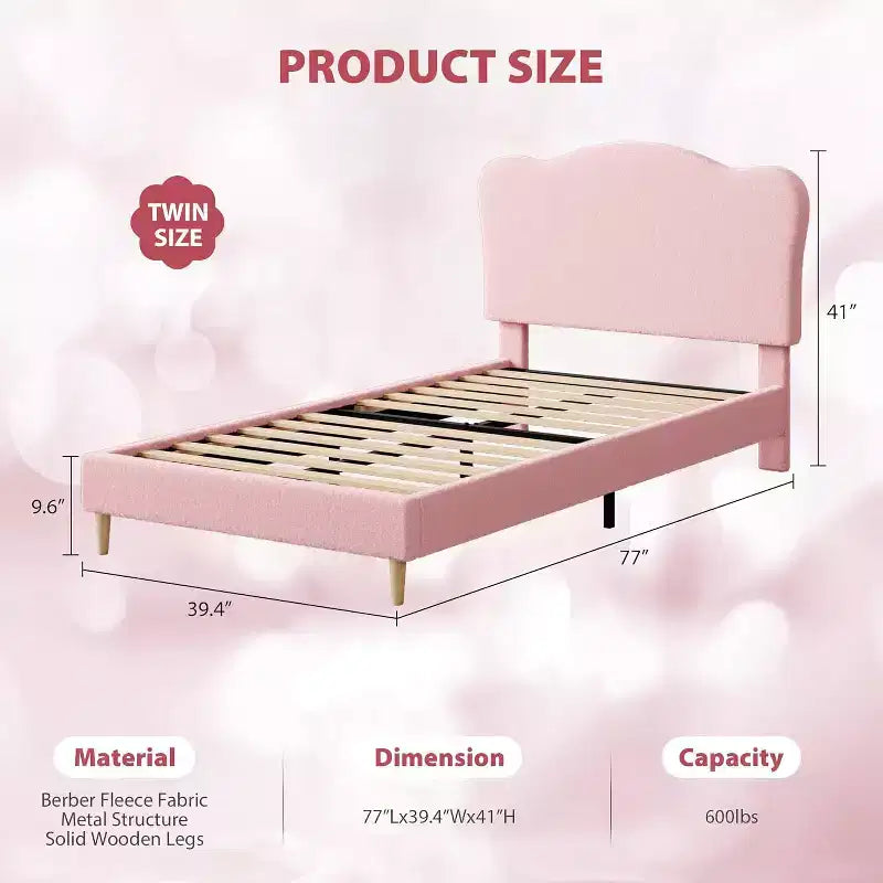 Lit plateforme capitonné jumeau GustoWave avec tête de lit coquillage pour enfants - Rose, pas besoin de sommier tapissier