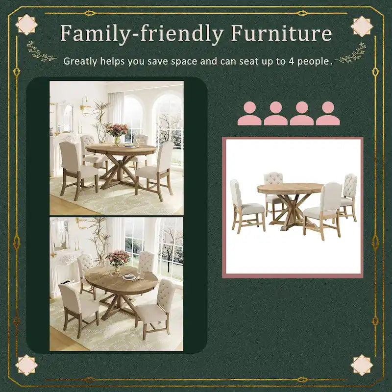 Ensemble de salle à manger 5 pièces en bois de style rétro avec table ronde extensible et 4 chaises, finition bois naturel vieilli