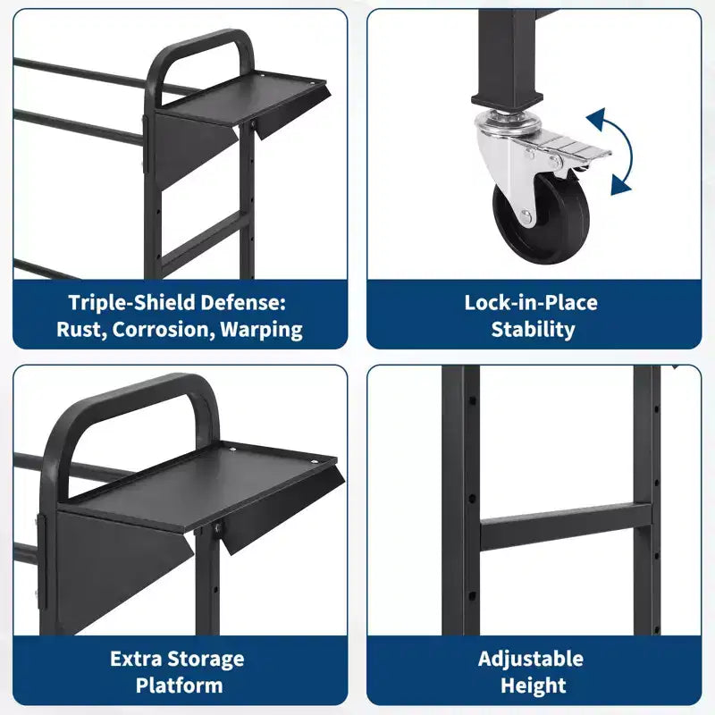 Support à pneus, capacité de 227 kg, support de rangement de pneus roulant réglable avec 2 étagères et 4 roulettes pivotantes pour garage, pneus de VUS et de camions, noir