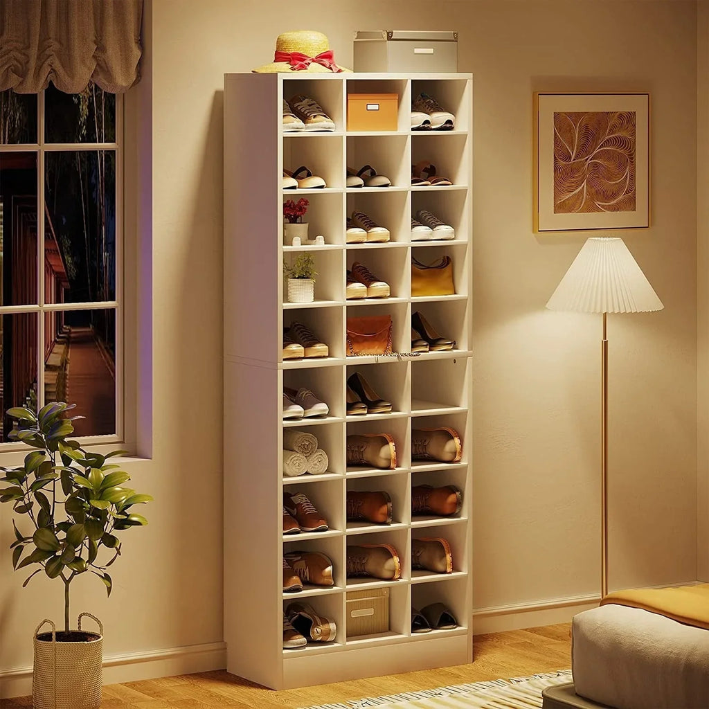 Meuble à chaussures haut 30 paires, étagère de rangement à chaussures en bois blanc 10 niveaux pour placard, entrée - 10 niveaux