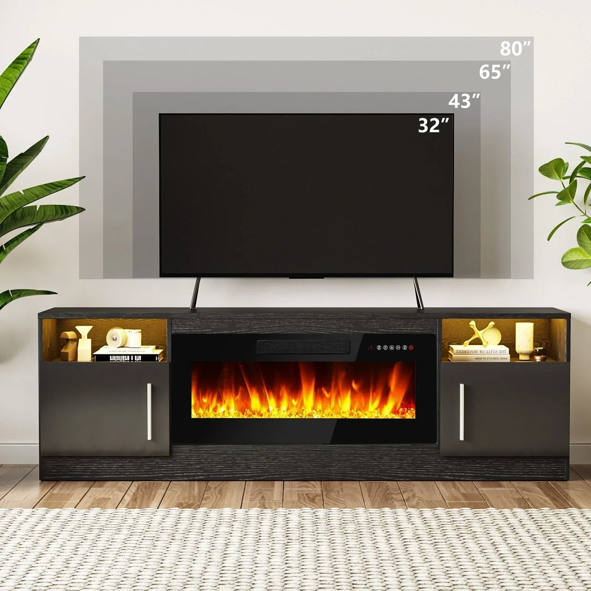 Meuble TV cheminée Bossin 70 avec cheminée électrique 36, meuble TV pour téléviseurs jusqu'à 80 pouces, lumières LED 16 couleurs/centre de divertissement