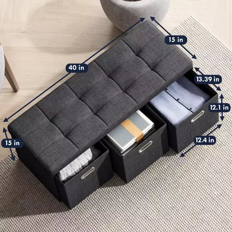 Banc de rangement pliant Ornavo Home de 101,6 cm avec tiroirs, parfait pour le salon, la chambre et l'entrée