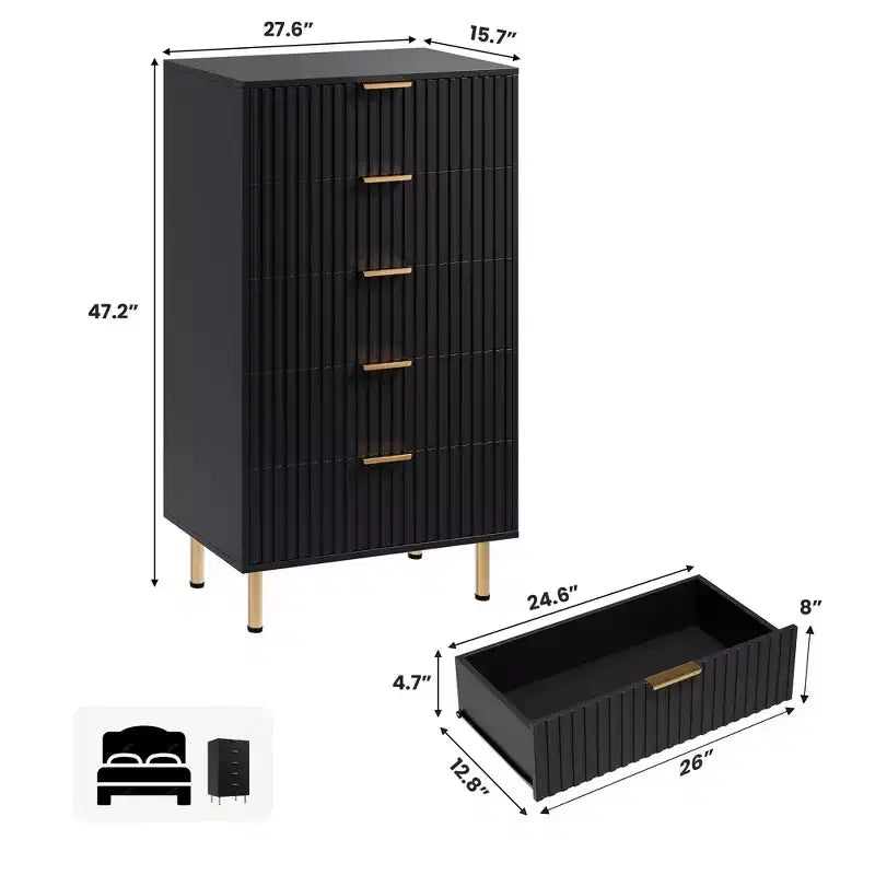 Commode moderne en bois de 122 cm de haut avec 5 tiroirs cannelés profonds et un large plateau pour chambre à coucher, salon, couloir, chambre d'enfant