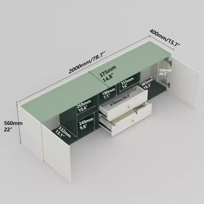 Meuble TV moderne Gaoyangjiaju 78,7 pouces, bloc de couleurs, pour téléviseur de 85 pouces, console média avec tiroirs et armoire de rangement pour salon, vert et blanc