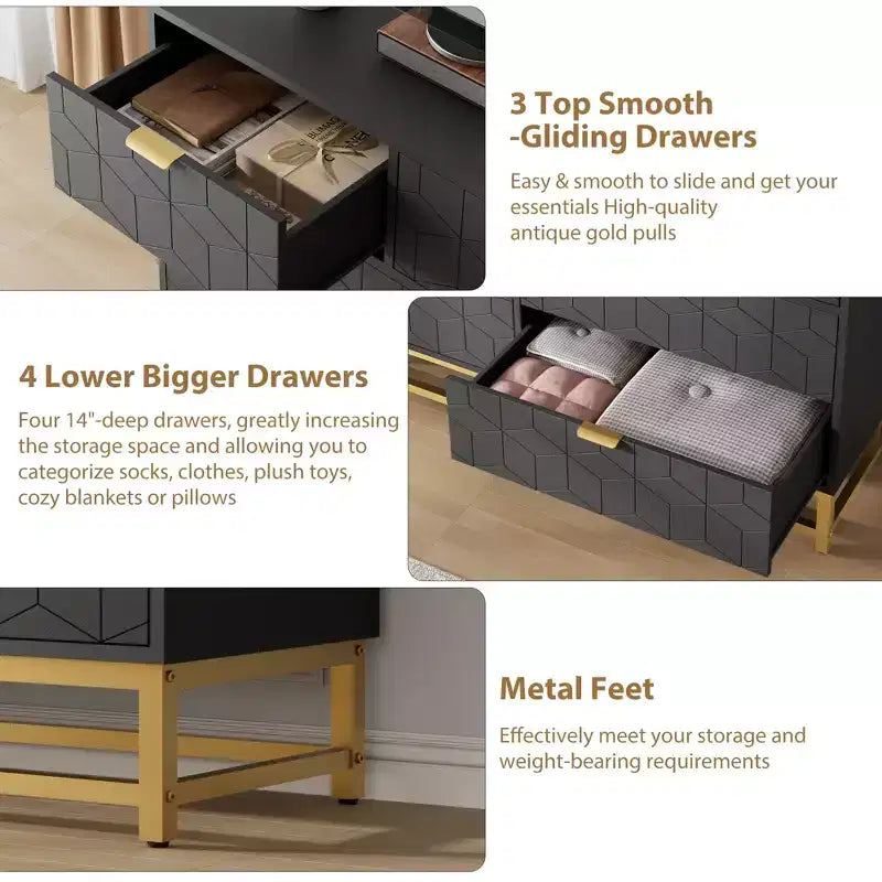 Commode pour chambre à coucher, commode de 136 cm de large avec 7 tiroirs, poignées et pieds en métal doré, commode moderne pour placard, couloir