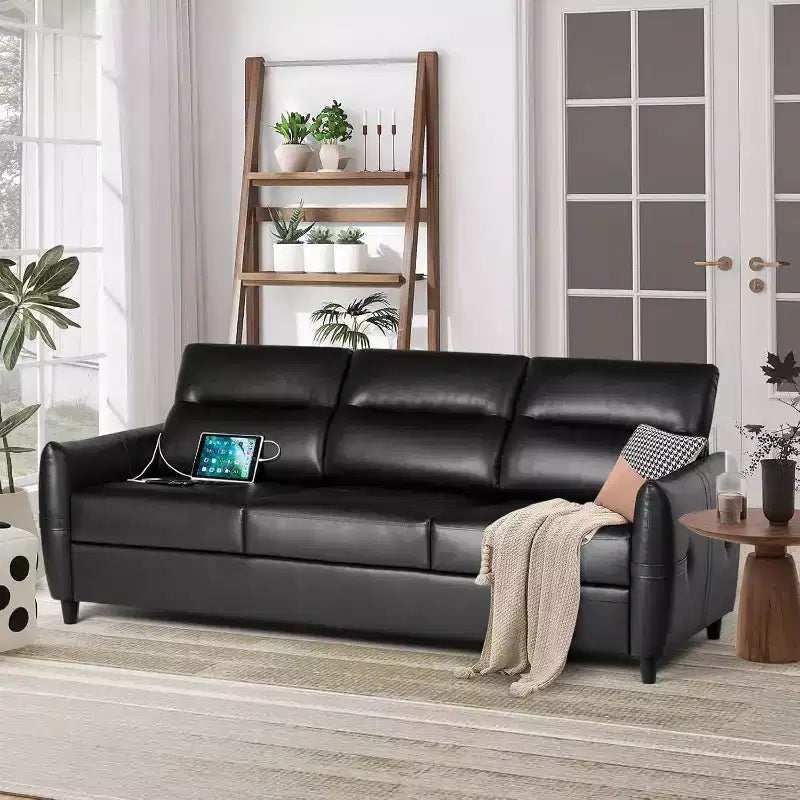TYBOATLE 85 Canapé 3 Places en Simili Cuir avec Ports USB, Sofa Moderne du Milieu du Siècle pour Salon, Bureau ou Appartement, Noir