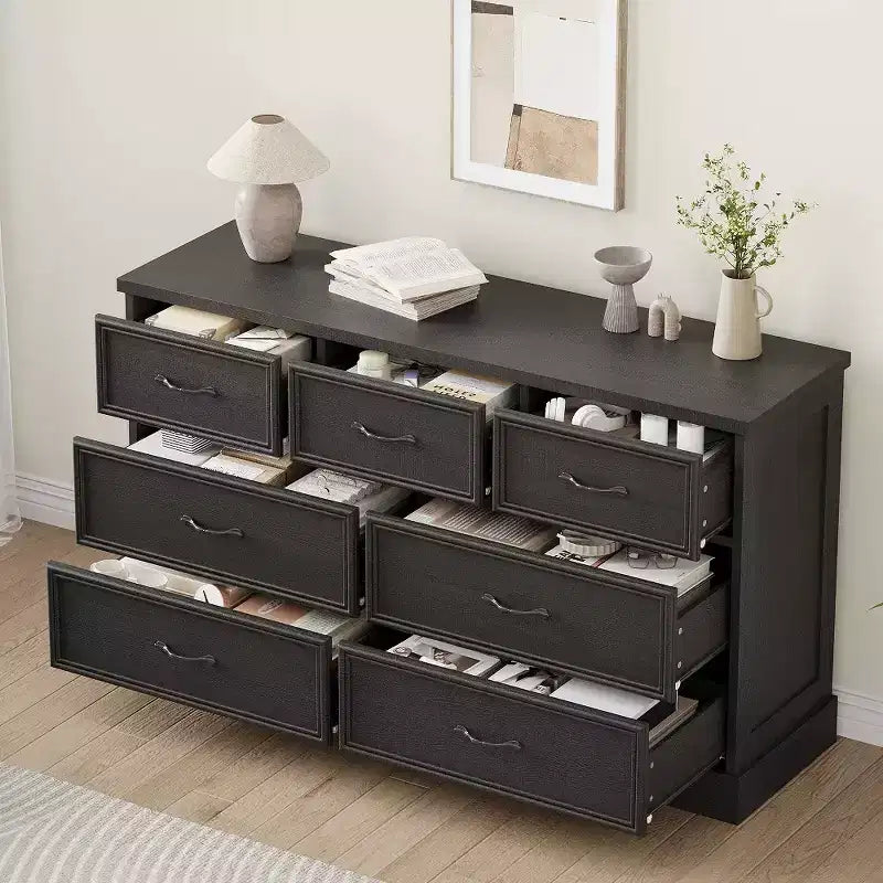 Commode de Ferme à 7 Tiroirs, 140 cm de Large, Rangement à 7 Tiroirs avec Base Robuste, Meuble TV en Bois Blanc pour Chambre, Salon, Chambre d'Enfant