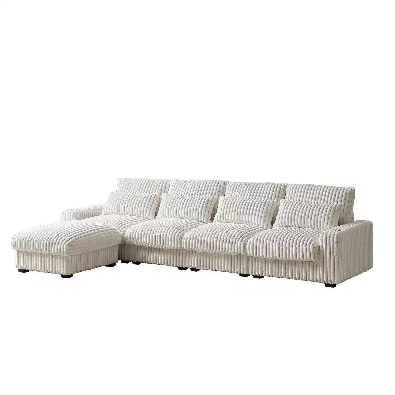 Canapé en velours côtelé de 320 cm avec porte-gobelet, très grand canapé d'angle en L, repose-pieds mobile