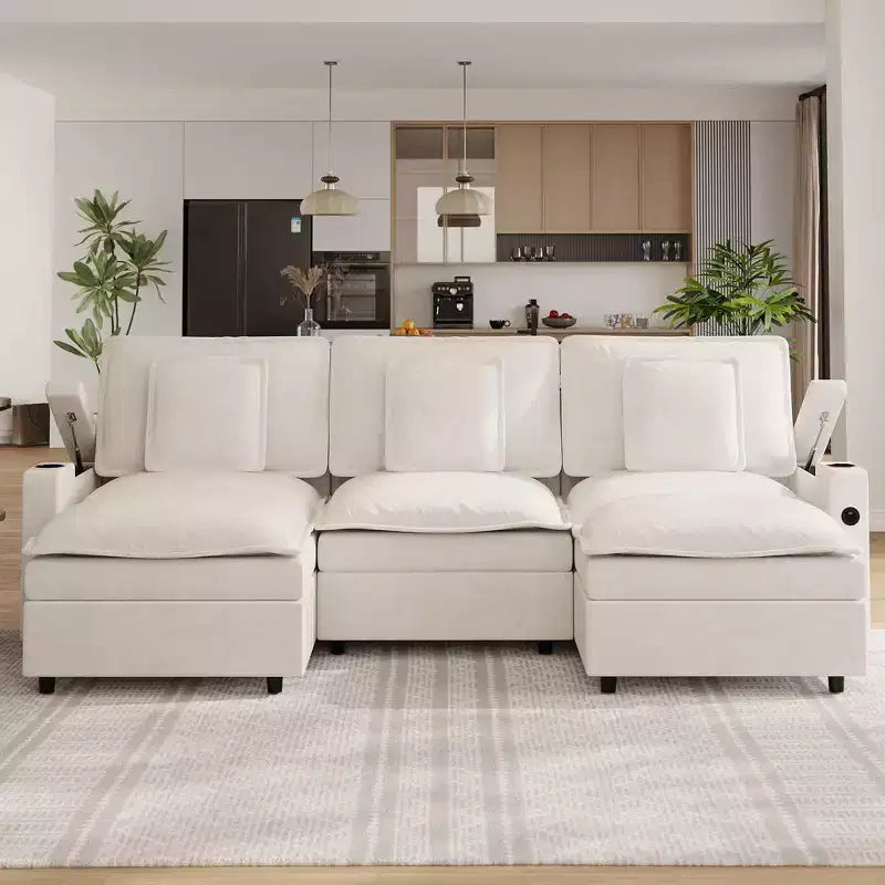 Canapés d'angle 3 places pour salon, Canapé modulable en forme de U de 274 cm en chenille avec accoudoir de rangement et pouf mobile, Station de recharge