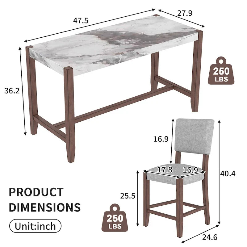 Ensemble de salle à manger 5 pièces à hauteur de comptoir, table de bar en faux marbre et 4 chaises rembourrées