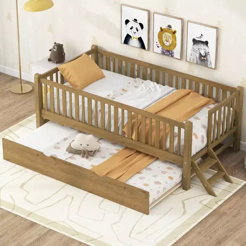 Cadre de lit double avec lit gigogne et garde-corps, lit plateforme bas avec escalier pour garçons et filles