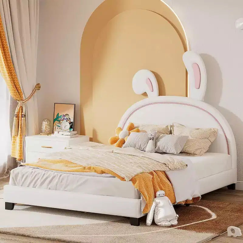 Cadre de lit double, cadre de lit avec ornement de lapin pour enfants, lit plateforme en cuir rembourré avec tête de lit à oreilles, montage facile, blanc