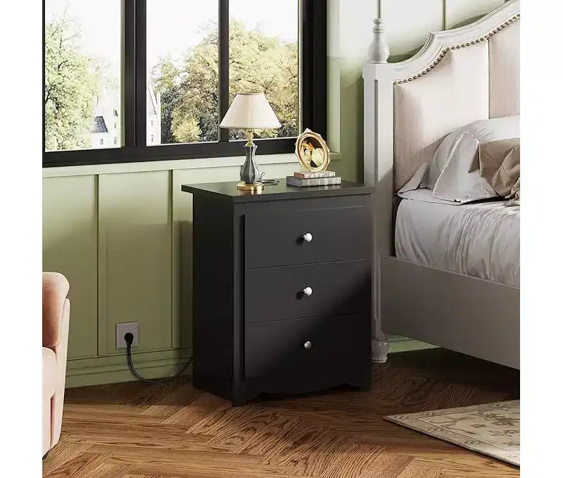 GALAXHERO Grande table de chevet avec station de charge, table de nuit en bois avec 3 tiroirs, table d'appoint pour chambre et dortoir, avec 2 ports USB et 2 prises AC