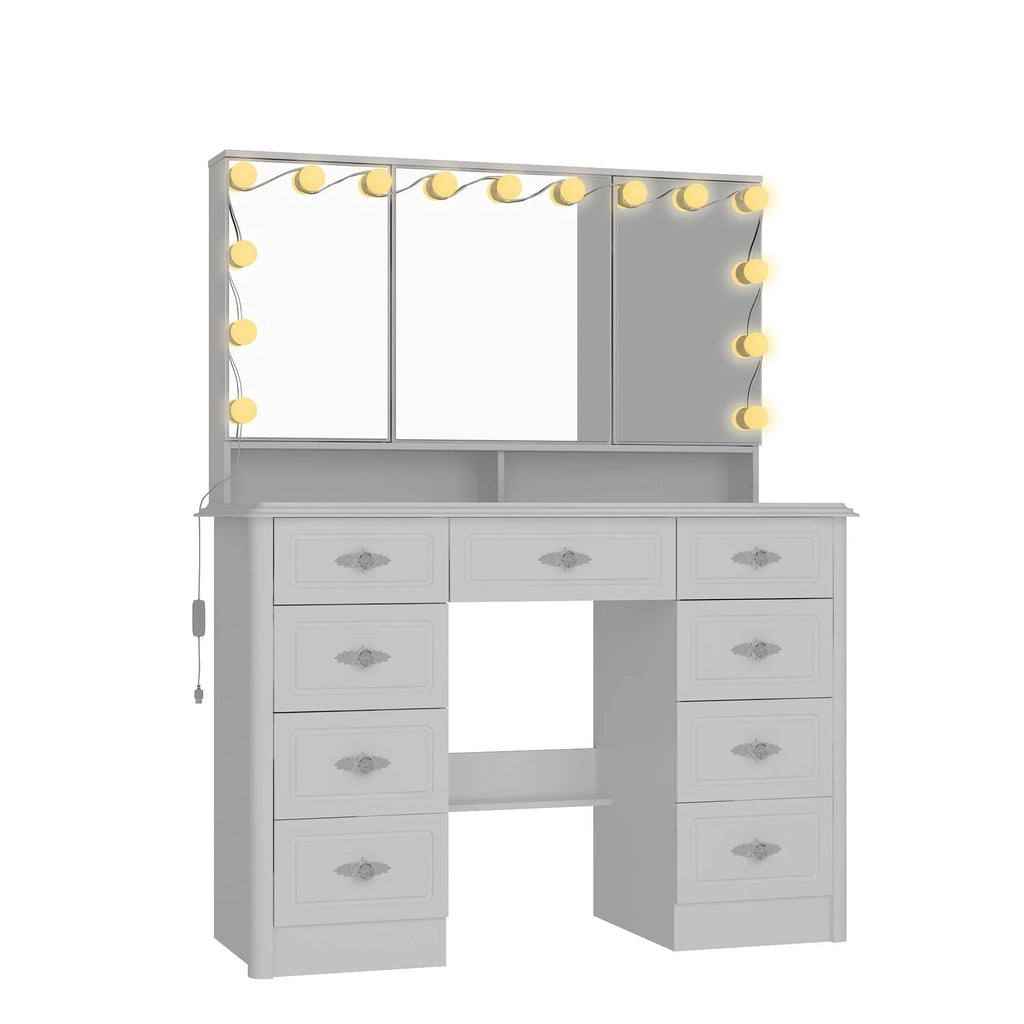 Coiffeuse moderne blanche avec miroir pliable éclairage réglable - 102,1 x 137,4 cm