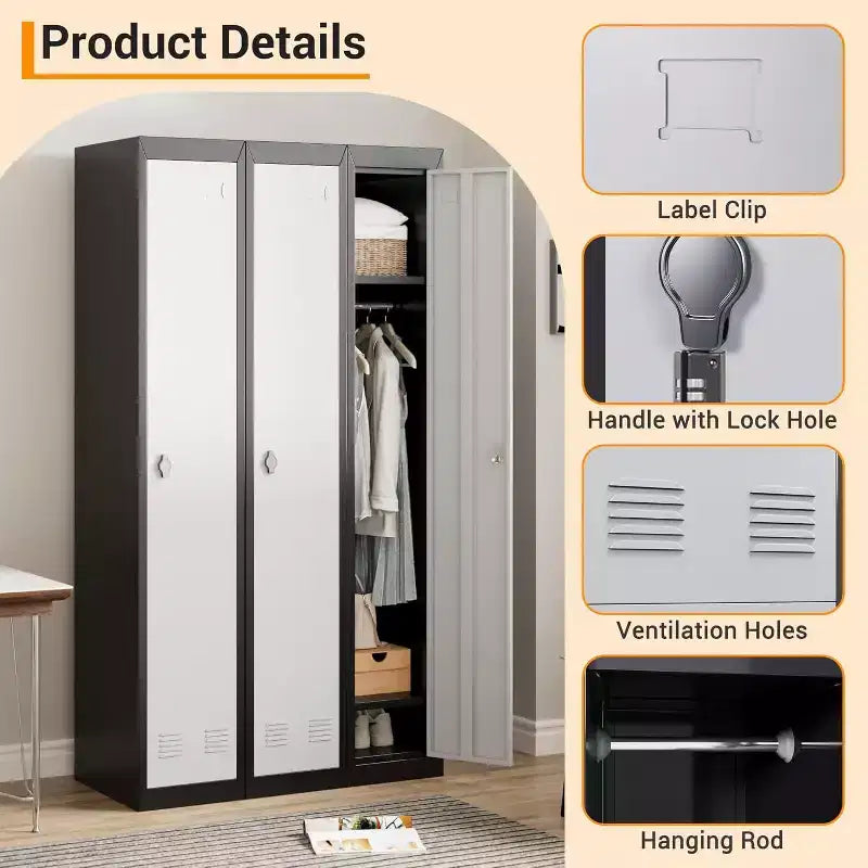 Armoire de rangement métallique de 72 po avec 1 porte, casiers pour employés et étudiants avec étagères, casier de rangement métallique en acier pour l'école, le bureau, la salle de sport, gris et noir