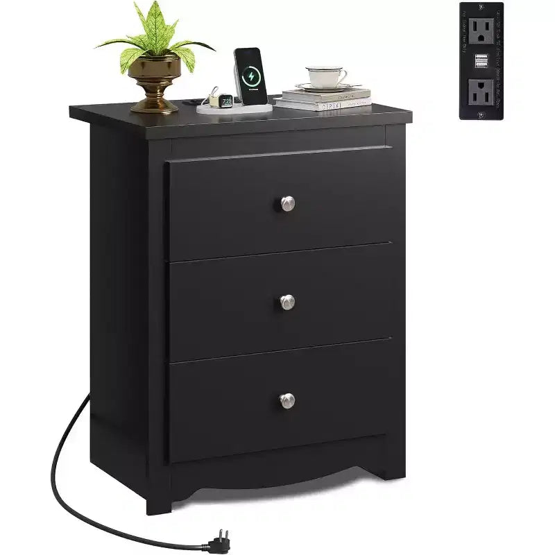 GALAXHERO Grande table de chevet avec station de charge, table de nuit en bois avec 3 tiroirs, table d'appoint pour chambre et dortoir, avec 2 ports USB et 2 prises AC