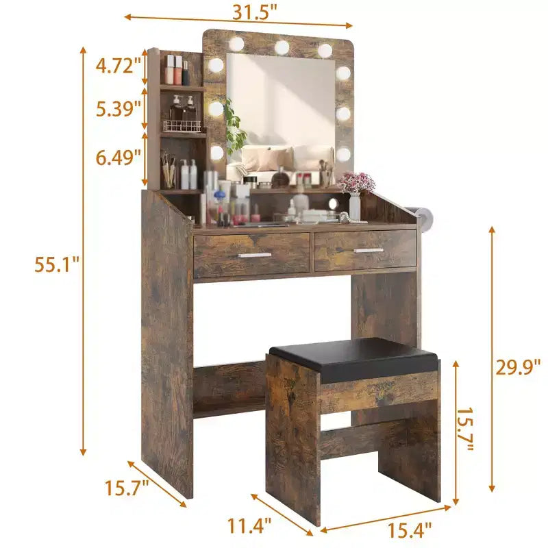 Coiffeuse de Maquillage avec Lumières, Bureau de Maquillage avec Miroir et Lumières, Grand Tiroir et Armoire de Rangement à Deux Étages, 3 Modes d'Éclairage