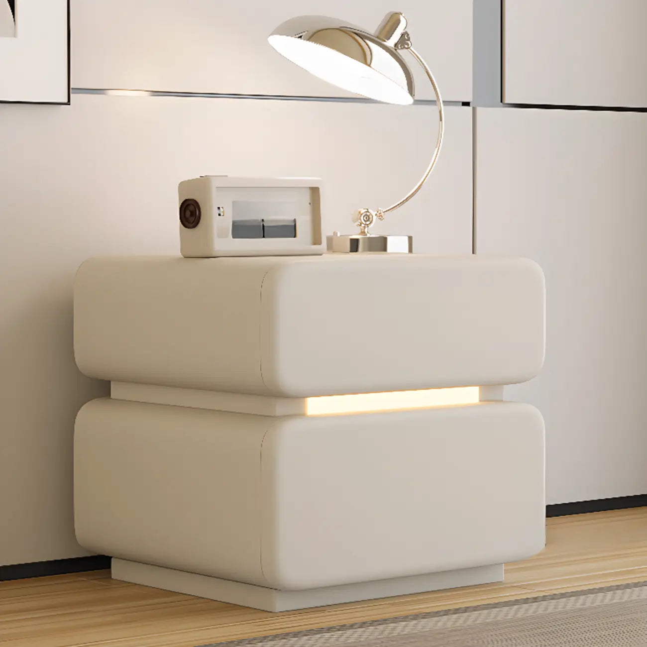Table de chevet d'appoint moderne en cuir noir avec 2 tiroirs