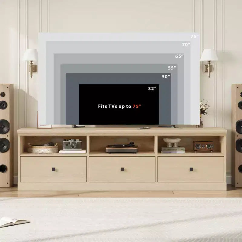 Meuble TV 70 pouces pour téléviseurs jusqu'à 80 pouces, meuble de divertissement moderne du milieu du siècle avec tiroir, meuble TV console média pour salon, chambre à coucher