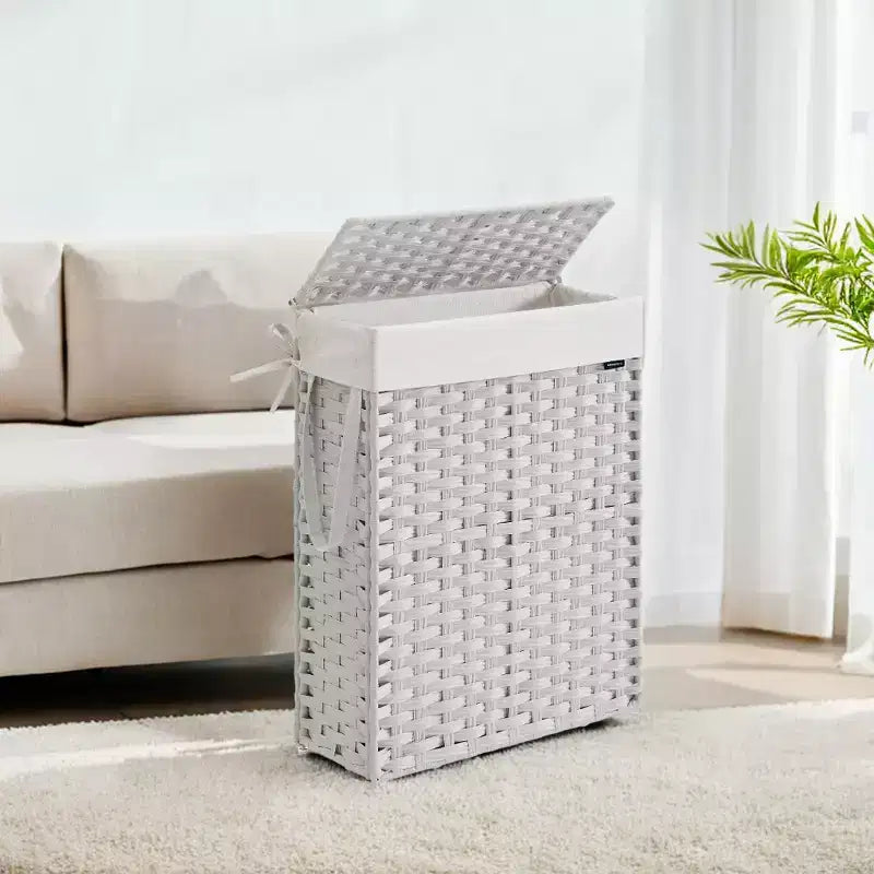 Panier à linge fin de 55 litres avec couvercle, en rotin, pliable, avec couvercle et poignées, doublure amovible