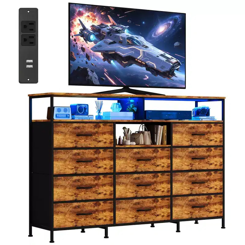 COZONY Meuble TV 55 avec commode en tissu 11 tiroirs et étagères ouvertes, organisateur de rangement pour chambre et salon