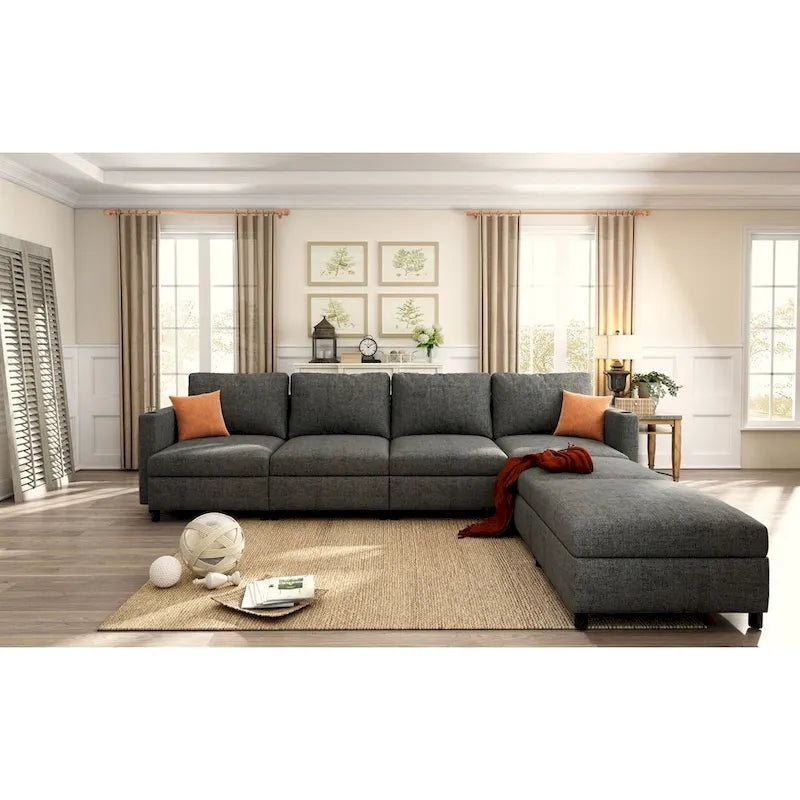 Canapé d'angle modulable 4 places en U gris 123 avec poufs de rangement