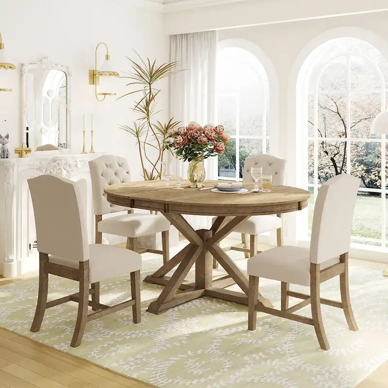 Ensemble de salle à manger 5 pièces en bois de style rétro avec table ronde extensible et 4 chaises, finition bois naturel vieilli