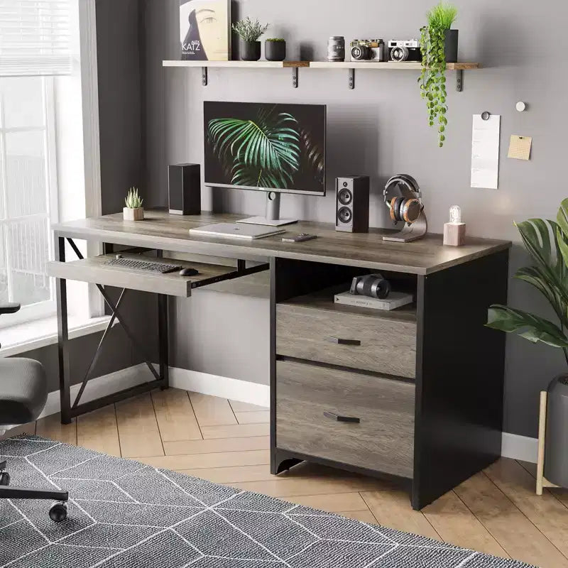 Bureau d'ordinateur Bestier 55'' avec tiroir pour clavier et tiroirs classeurs, bureau industriel avec rangement, bureau en bois pour professeur pour bureau à domicile