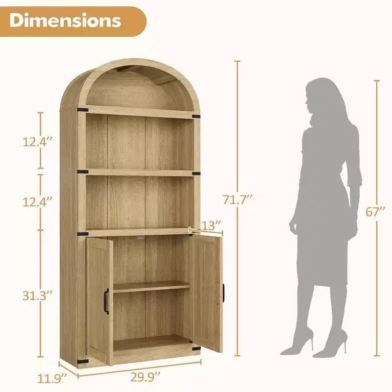 Bibliothèque avec portes Étagère cintrée 182 cm de haut Bibliothèque de style rustique avec étagères Bibliothèques en bois pour la maison, le bureau, le salon