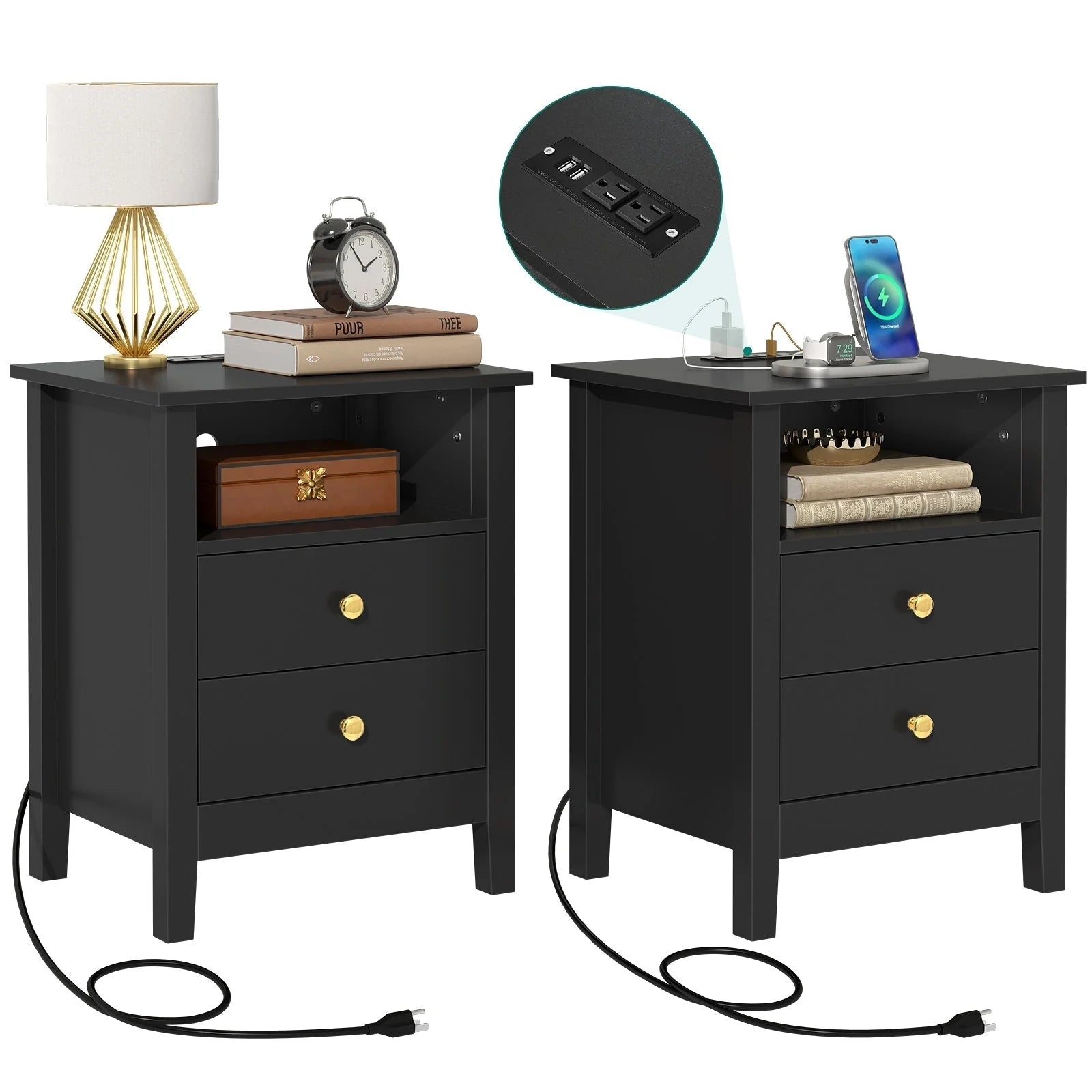 Tables de chevet (lot de 2) avec station de charge, table d'appoint avec 2 tiroirs, ports USB et prises, pour chambre à coucher