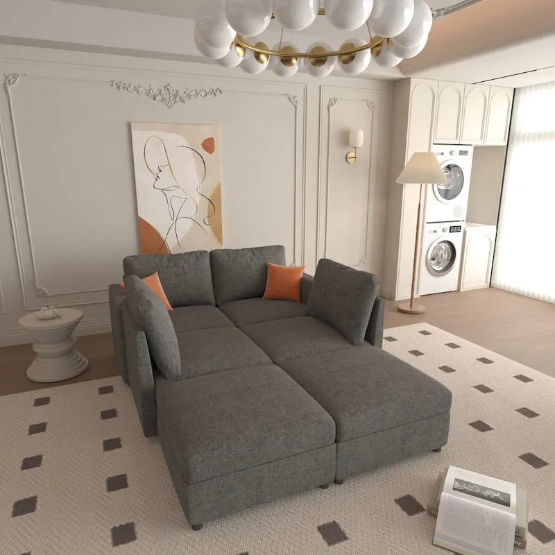 Canapé d'angle modulable 4 places en U gris 123 avec poufs de rangement