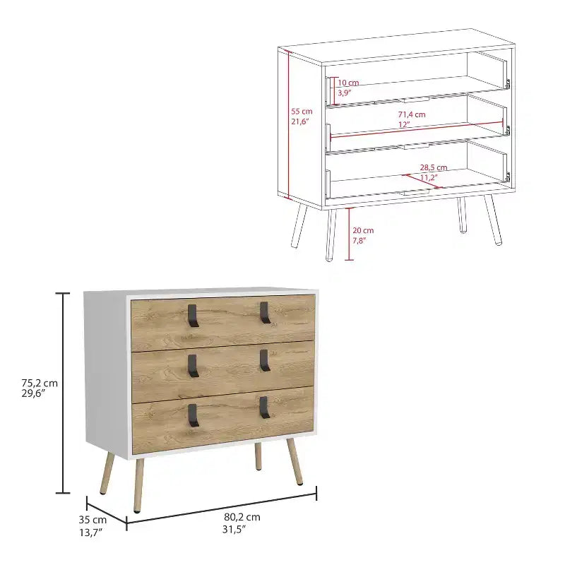 Commode de chambre à 3 tiroirs Okak Modern Design avec pieds épingle en métal, armoire de rangement en bois, commode pour chambre à coucher, entrée