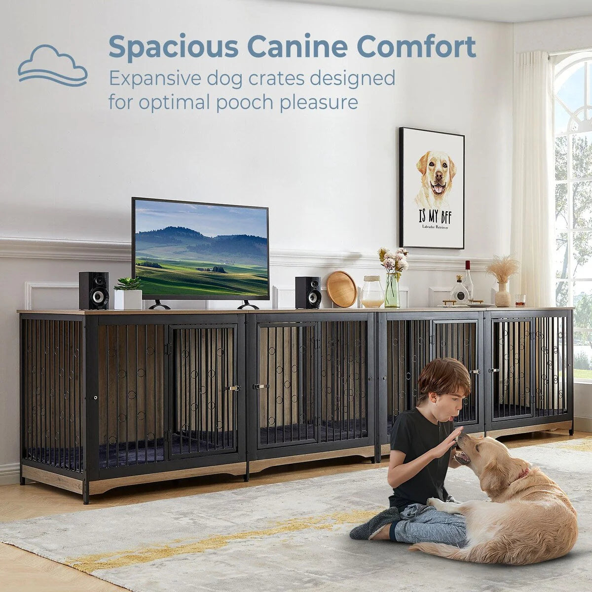 Meuble Cage pour Chien 70.86'' Grande Race Meuble TV avec Coussin & Deux Chambres (Sans Coussin)