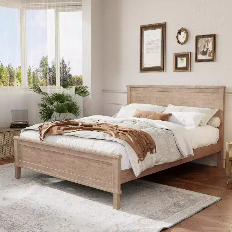 Cadre de lit plateforme pleine/grand lit/très grand lit avec tête de lit et support à lattes en bois, blanc/brun - ModernLuxe