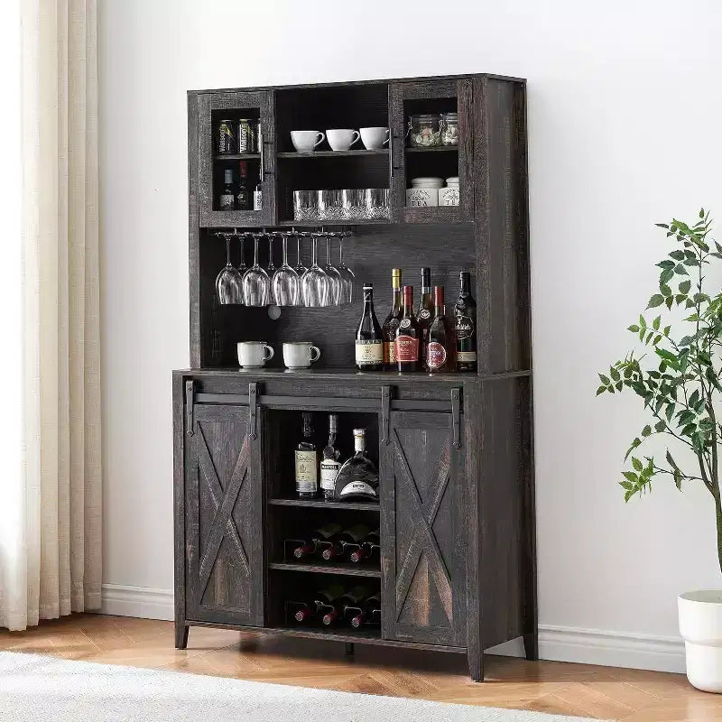 Acekool Meuble Bar à Vin 70" avec Étagère Supérieure, Portes Coulissantes Type Grange, Étagères Réglables, Supports à Verres, Couleur Bois Brûlé