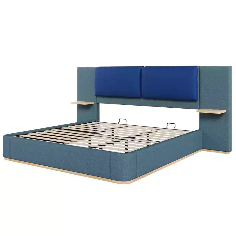 Cadre de lit plateforme capitonné Whisen King Size avec étagères de rangement latérales, tête de lit et panneau en PU doux, anti-collision, assemblage facile