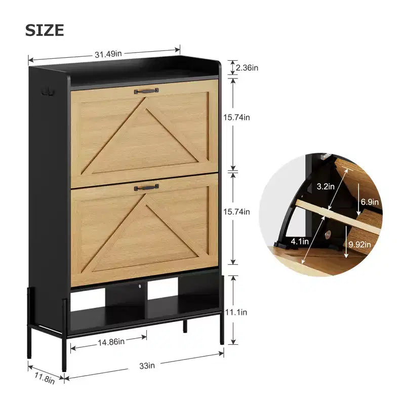 Meuble à chaussures Acekool avec 2 tiroirs basculants et rangement ouvert, pieds de support réglables, poignées métalliques, organisateur d'entrée