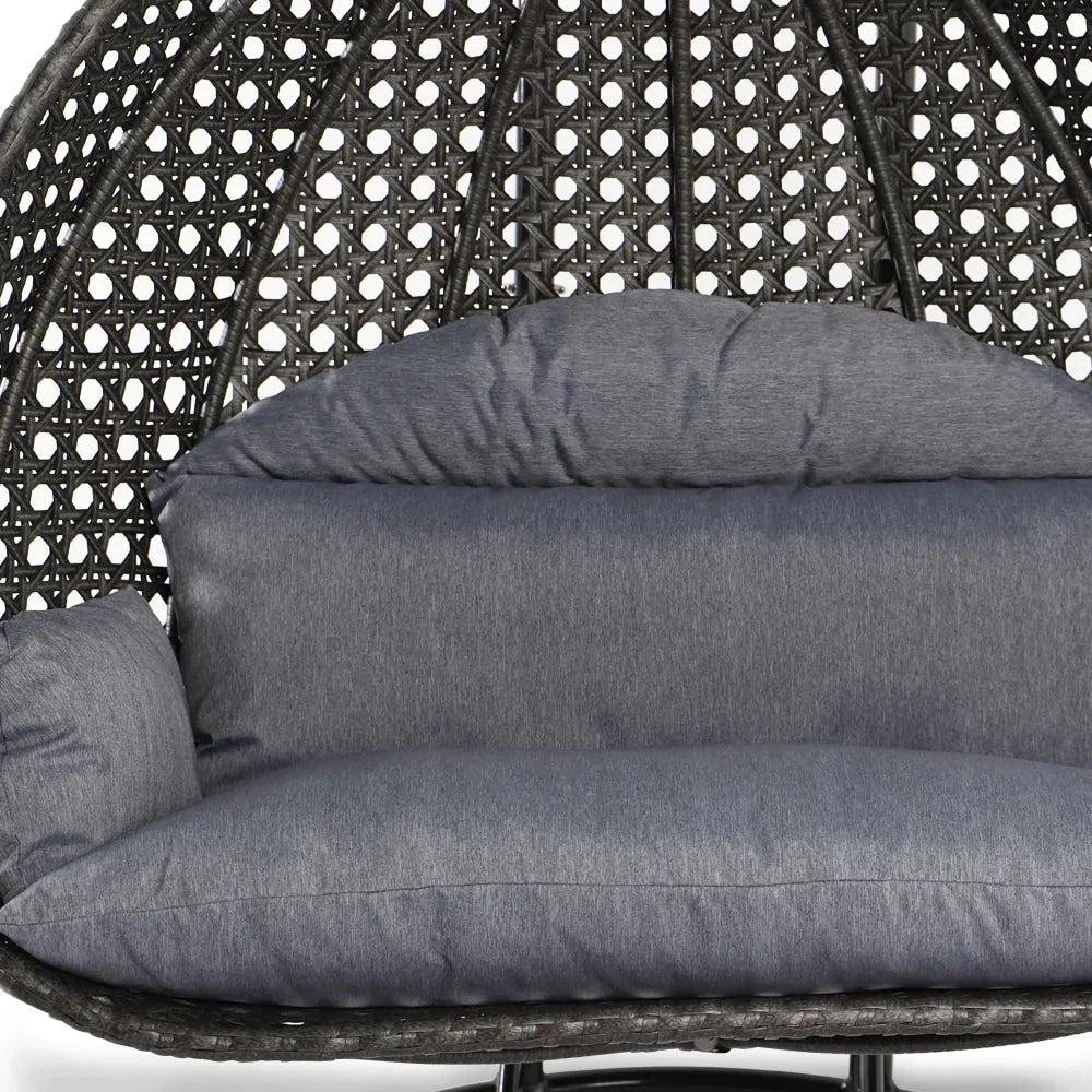 LeisureMod Fauteuil suspendu œuf 2 places avec support - Balançoire / hamac de patio en rotin osier pour extérieur/intérieur avec coussins