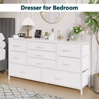 Commode de rangement moderne blanche à 9 tiroirs, dessus en bois, organisateur en tissu, grand meuble de chambre à coucher, entrée, console TV de 45 pouces