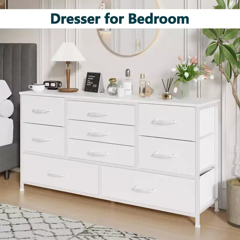 Commode de rangement moderne blanche à 9 tiroirs, dessus en bois, organisateur en tissu, grand meuble de chambre à coucher, entrée, console TV de 45 pouces