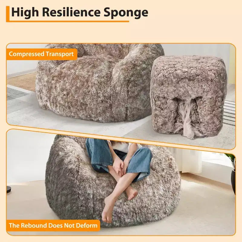 Pouf géant en fausse fourrure douce avec accoudoirs, garni de mousse, confortable pour la chambre, le salon, la lecture et les jeux