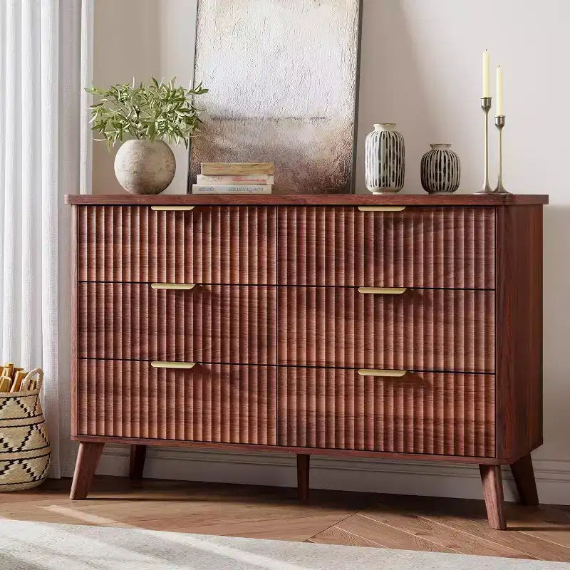 Commode 6 tiroirs pour chambre à coucher, commode de 120 cm de large avec profil incurvé, tiroirs en bois cannelé, commode moderne pour salon