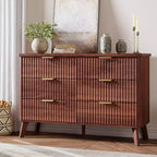 Commode 6 tiroirs pour chambre à coucher, commode de 120 cm de large avec profil incurvé, tiroirs en bois cannelé, commode moderne pour salon