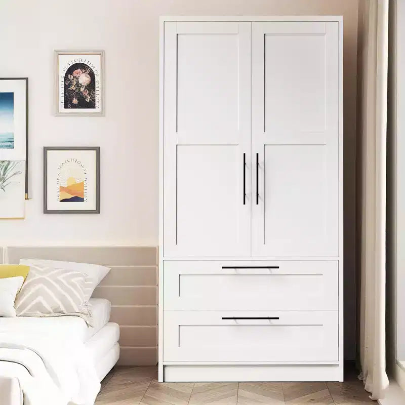 Armoire en bois 2 portes avec 2 tiroirs et étagère pour suspendre les vêtements, placard de rangement autonome pour chambre à coucher et salon