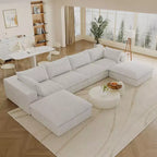 Canapé d'angle modulable en velours côtelé blanc de 4 m avec 2 poufs, grand canapé profond, design double couche, coussin amovible, aucun assemblage requis.