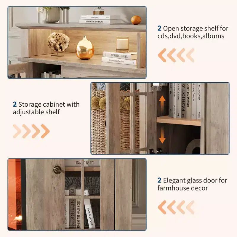 Meuble TV compatible 70 pouces, Console multimédia 58 pouces, Meuble TV moderne effet bois avec lumières LED, Rangement avec portes en verre et étagères réglables
