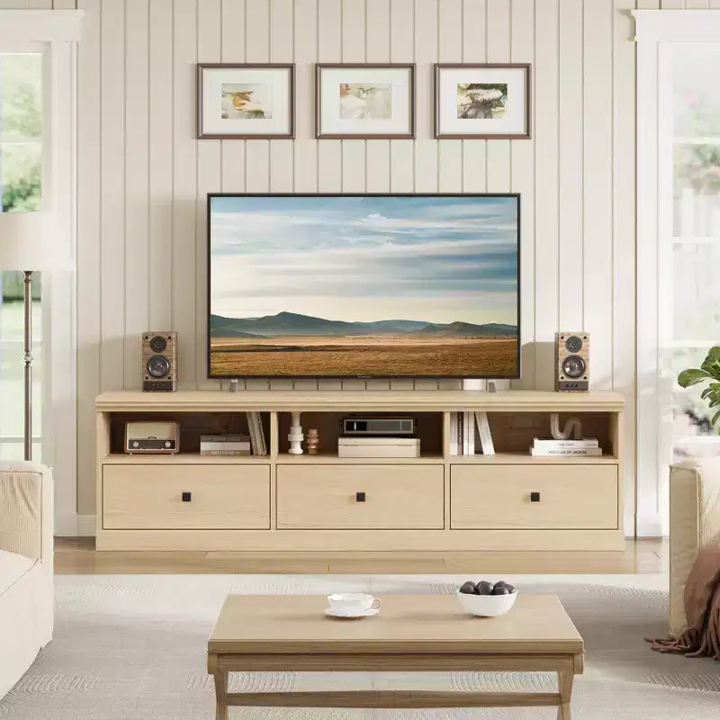Meuble TV 70 pouces pour téléviseurs jusqu'à 80 pouces, meuble de divertissement moderne du milieu du siècle avec tiroir, meuble TV console média pour salon, chambre à coucher