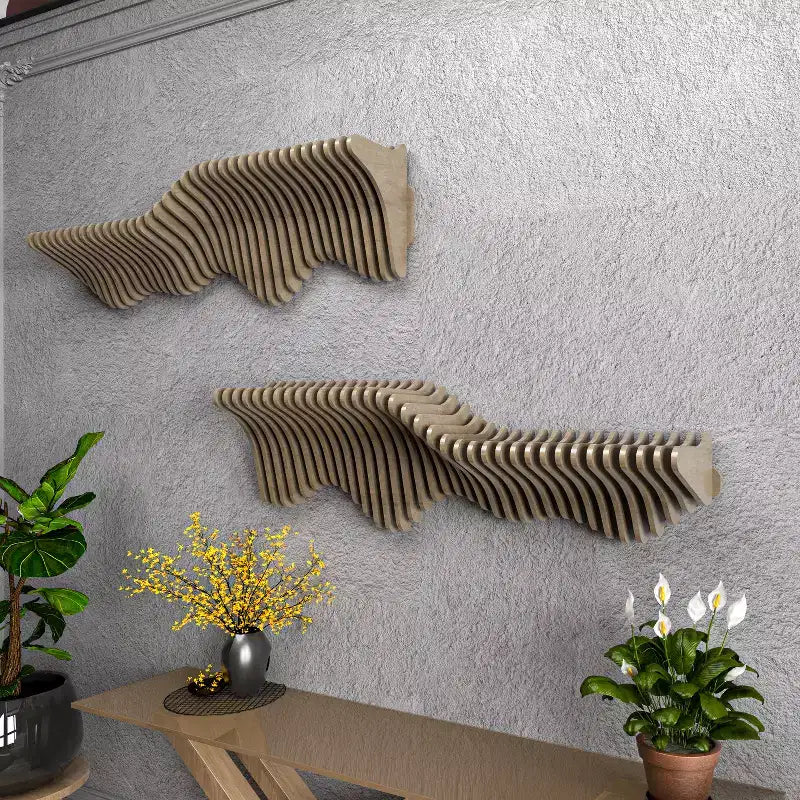 Meuble TV mural flottant HomeStock Parametric de 102 cm, étagère murale géométrique moderne en bois, décor couleur chêne naturel, étagère ondulée 3D pour salon et salle de jeux
