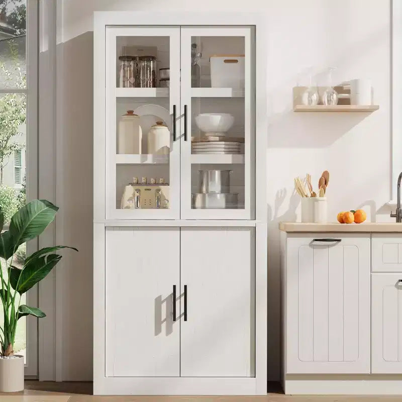 Grand garde-manger de cuisine en bois, armoire de rangement alimentaire autonome de style ferme avec 4 portes magnétiques, étagères réglables, grand rangement